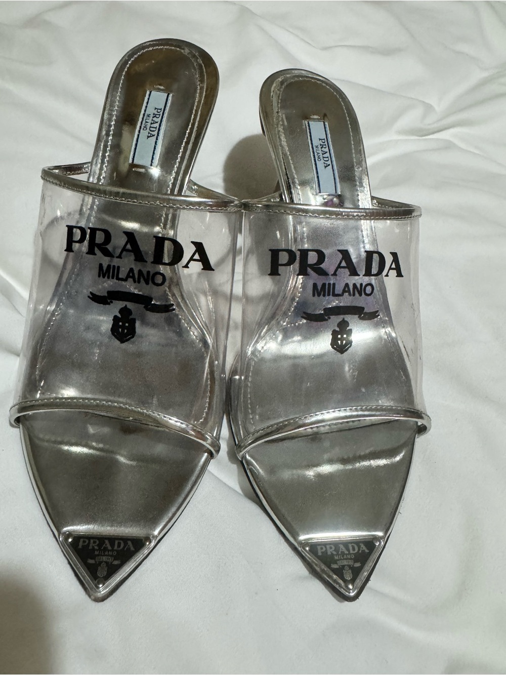 Prada Clear PVC and Silver Pointed Slip-On Mules